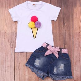 2021 Summer Girls Toddler Clothes Set Ice Cream Denim Outfits 2Pcs/Set Kids Fashion Tops + Ripped Jean Shorts Pants X0902