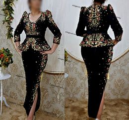 Algerian outfits Karakou Evening Dresses with Peplum Soirée de Mariage Gold Embroirdery Red stone Long Sleeve kaftan prom dress