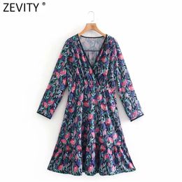 Women Vintage V Neck Floral Printing Side Zipper Casual A Line Dress Female Chic Long Sleeve Pleats Kimono Vestido DS8153 210416