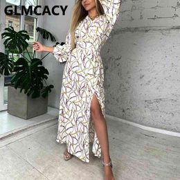 Long Sleeve Chain Printed Slit Maxi Dress 210702