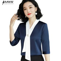 Chiffon Navy Blue Shirt Women Summer Design Casual Temperament White Half Sleeve Blouses Office Ladies Plus Size Work Tops 210604