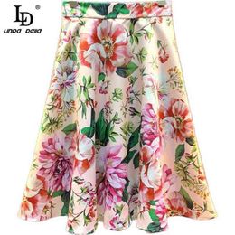 Fashion Runway Summer Slim Women Skirt Vintage Rose Flower Print Ruffles Vacation Casual Female Mini Skirts 210522