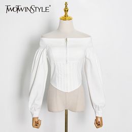TWOTWINSTYLE White Tunic Short Tops For Women Slash Neck Puff Long Sleeve Solid Shirt Female Fashion Clothing Autumn 210517