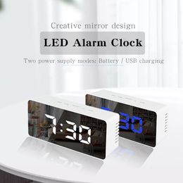 LED Mirror Alarm Clock Digital Snooze Table Wake Up Light Electronic Large Time Temperature Display