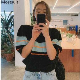 Striped Knitted Women Pullover Sweater Spring Autumn Half Sleeve O-neck Fashion Loose Korean Ladies Jumpers Tops Femme 210513