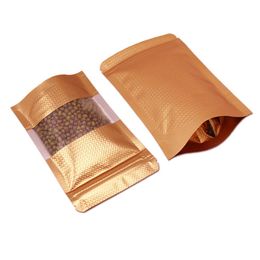 Multi Sizes Golden Aluminium Foil Doypack Reusable Clear Window Pack Bag for Snack Spices Tea Embossed Mylar Foil Zipper Food