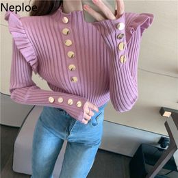 Neploe Half Turtleneck Sweater Women Sweet Ruffles Chic Single-breasted Knitted Pullovers Solid Slim Fit Female Jumper Sueter 210422