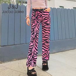Casual Printed High Waisted Streetwear Female Pants Retro Zebra Striped Straight Women Long Pants Ladies Slim Trousers 210518