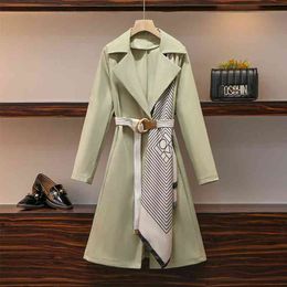 Thin 4XL Long Sleeve Patchwork Ladies Windbreaker Chic Green Trench Coat Outwear Khaki Overcoats Lace-up Mid-length 210510