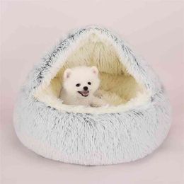 Winter 2 In 1 Cat Bed House Long Plush Dog Bed Donut Cave Cuddler Warm Sleeping Bag Sofa Cushion Nest for Small Puppies Kitten 210722