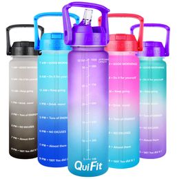 Quifit 1L Water Bottle With Straw Tritan BPA Free Sports Outdoor Camping Cup 32OZ Drinking Bottles Wide Mouth Leakproof 211013