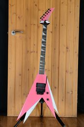 Jack Son De Vinnie Vincent Double Flying V Pink Silver Electric Guitar Floyd Rose Tremolo, Shark Fin Inlay, China EMG Pickup, Black Hardware