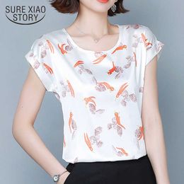 Summer Simple Korean Loose Plus Size 4XL Blouse Women Short Sleeve Round Neck Printed Silk Tops Chemisier Femme 9452 50 210527