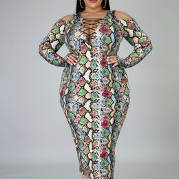 Women Sexy Snake Printed Dress Plus Ladies Bodycon Cold Shoulder Lace Up String Long Sleeve Large Size Clubwear Female Fall 210416