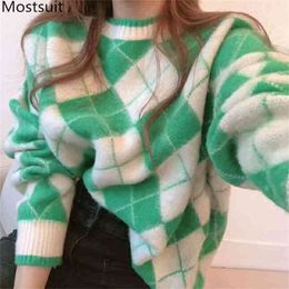 Autumn Winter Plaid Thicken Knitted Sweaters Pullovers Women Long Sleeve O-neck Fashion Loose Casual Tops Femme 210513