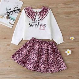 Winter Children Sets Long Sleeve Turn-down Collar Letter T-shirt Pink Leopard Skirt Cute 2Pcs Girls Clothes 18M-6T 210629