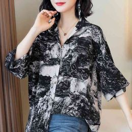 Womens Tops And Blouses Turn Down Collar Print Chiffon Blouse Clothes Blusas Mujer De Moda Long Sleeve Blouse Women C799 210426