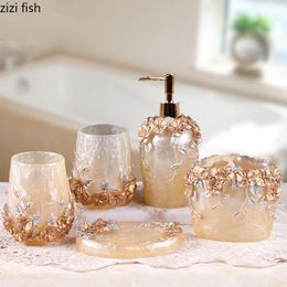 Bath Accessory Set Vintage Floral Texture Bathroom Portable Soap Dispenser Mouthwash Cup Toothbrush Holder Toilet Brush Resin Supplies