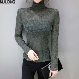 Women Hook flower Turtleneck Blouses Spring Autumn Long Sleeve Thick Lace Shirts Female Retro Bottoming Tops Mujer Blusas 210514