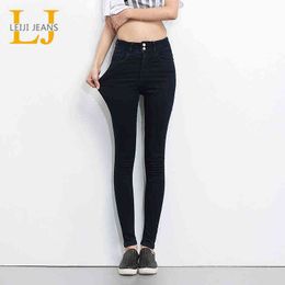 LEIJIJEANS button fly women jeans High Waist lady black pants high elastic Skinny Stretchy Women stretch 211129