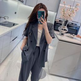 Women's Two Piece Pants Casual Office Pant Suits Summer Woman 2 Pieces Set Female Outfits Loose Short Sleeve Blazer High Waist Wide Leg