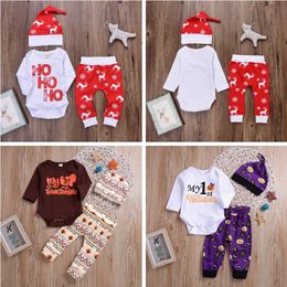 INS Baby Outfits Newborn Letter Romper Pants Hat 3PCS Long Sleeve Infant Clothes Sets Christmas Halloween Thanksgiving Day Clothing DW4184