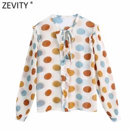 Women Vintage Polka Dots Print Ruffles Chiffon Smock Blouse Lady Pleated Lantern Sleeve Shirt Chic Blusas Tops LS7487 210420