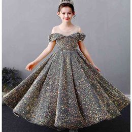 Sequin Lace Girls Princess Flower Girl Dresses Wedding Birthday Party Long Gown Formal Pageant Gowns Junior Bridesmaid Clothes 210317