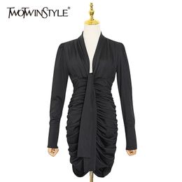 Patchwork Ruched Women Dress V Neck Long Sleeve High Waist Black Mini Dresses Female Fashion Clothes 210520