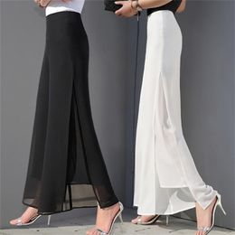 Women's Summer Wide Leg Long Trousers Casual Vintage High Waist Chiffon Side Split Loose Bohemia Skirt Pants Capris Solid 210915