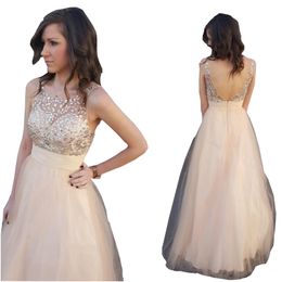 Champagne Tulle Prom Formal Dresses V Backless Scoop 2022 Crystal Dress Evening Wear Party Graduation Gowns
