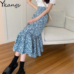 Vintage Floral Fishtail Skirt Women Blue Elegant High Waist Mermaid Long Skirts Korean Fashion Midi Skirts Streetwear 210619