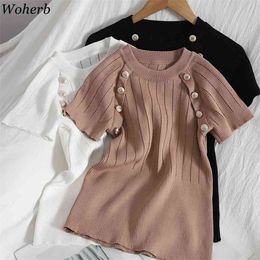 Summer Thin Knitted Short Sleeve T-shirt Women Button Patch O-neck Hollow Tops Casual Fashion Ladies Tshirts Femme 210519