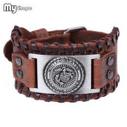 My Shape Handmade Weave United States Marine Corps Bracelet Genuine Leather Black Brown Bangles Copper Bronze Silver Men Jewellery Bangle