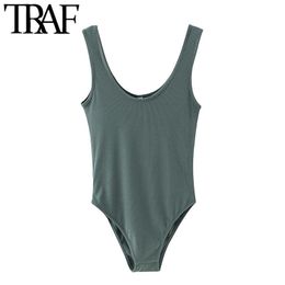 TRAF Women Sexy Fashion Solid Stretch Slim Bodysuits Vintage O Neck Sleeveless Female Playsuits Chic Tops 210415