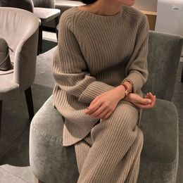Fashion Winter Women's Thicken Warm Knitted Pullover Sweater Two-Piece Suits +High Waist Loose Wide Leg Pants Set 210522