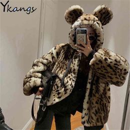 Winter Faux Fur Leopard Pattern Jacket Women Hooded Fashion Loose Warm Coat Cute Girls Streetwear Thicken Outwear Oversize 210421