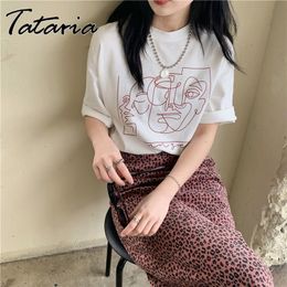 Abstract Human Face Printed Women Summer T-shirt Fashion Short Sleeve Tops casual Style White Tees Round-neck Top Harajuku 210514