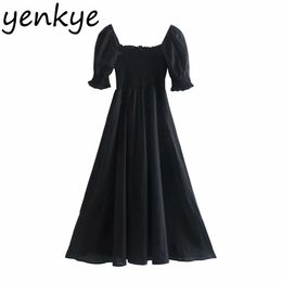 Summer Women Vintage Black Flowy Long Dress Sexy Square Neck Puff Sleeve Holiday Party Dresses Female Chic Vestido 210514