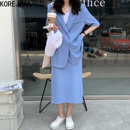 Korejpaa Women Sets Summer Korean Temperament Lapel Double-Breasted Short-Sleeved Blazer Simple High-Waisted Straight Skirt 210526