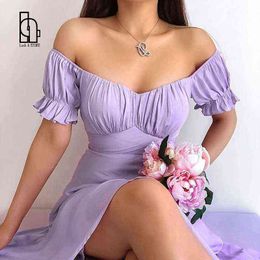 Women 2021 New Elegant Vintage Solid Party Midi Dress Sexy Off The Shoulder Chiffon Dress Casual Puff Sleeve Bow Sashes Dresses Y1204