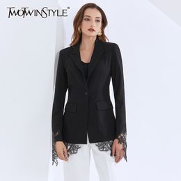 Casual Patchwork Lace Blazer For Women Notched Long Sleeve Black Blazers Female Fall Fashion Clothing 210524