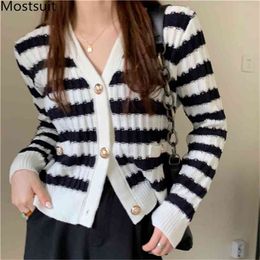 Color-blocked Striped Knitted Cardigan Women Full Sleeve V-neck Single-breasted Crop Tops Sweater Vintage Elegant Korean Jumpers 210513