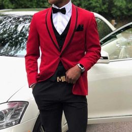 3 piece Slim fit Men Suits for Wedding Groom Tuxedo Custom African Man Fashion Clothes Set Red Jacket Vest with Black Pants X0909