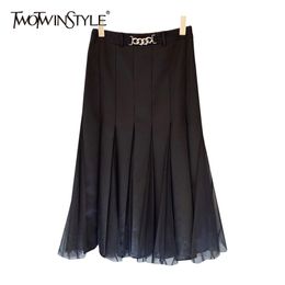 Pleated Patchwork Metal Chain Skirt For Women High Waist A Line Black Skirts Female Fashion Clothing 210521