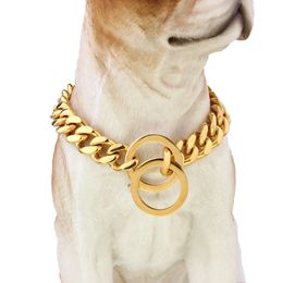 10/12/15MM Stainless Steel Gold Cut Cuban Curb Pet Supplies Choker Walking Training Leash Dogs Harness Collar 13-34inch