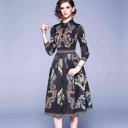 Spring Autumn Woman Dresses Runway High Quality Long Sleeve Floral Print Elegant Midi Dress Vestido Robe Femme drop 210520