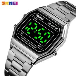 SKMEI Moda Mens Aydınlık Tarih Dijital Bilek İzle Erkekler Için LED Saatler Saat Erkekler Paslanmaz Çelik Bant Su Geçirmez Saat Montre Homme 1646 Q0524