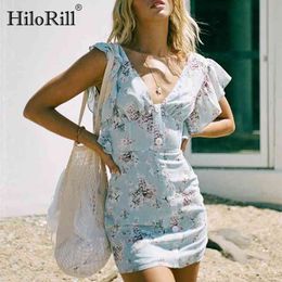 Women Floral Print Chiffon Mini Dress Summer Sexy V Neck Back Hollow Out Ruffle Bow Tie Bodycon Party es 210508