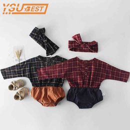 born Girls Romper Spring Baby Clothes Long Sleeve Rompers Plaid Infant Toddler Jumpsuit for Girl With Hair band 210429